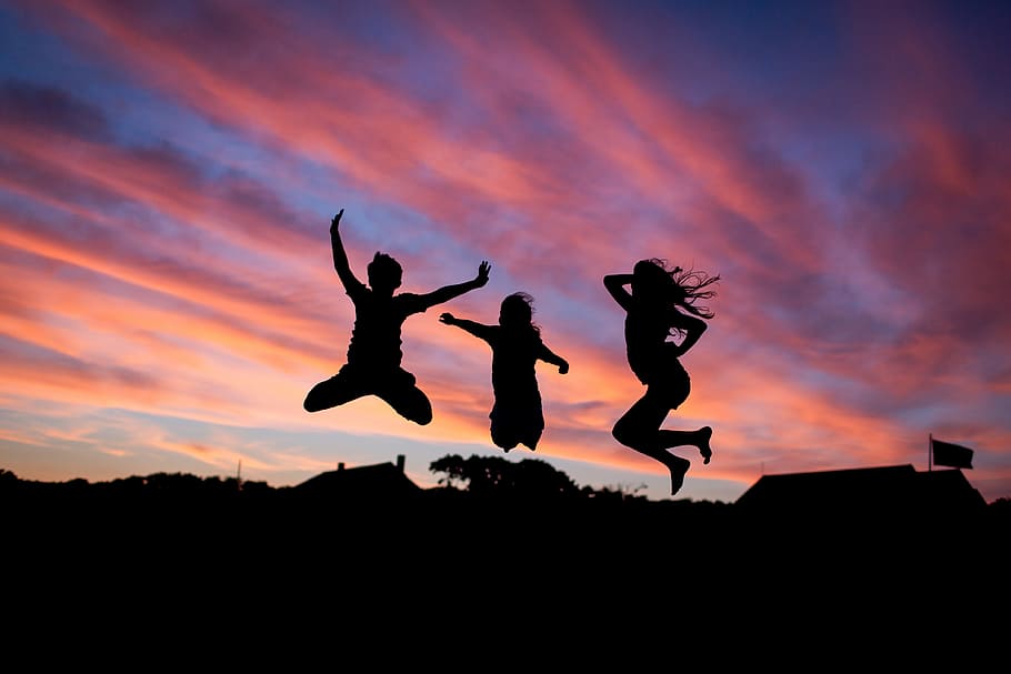 silhouette of three people jumping during sunset, happiness, happy, HD wallpaper