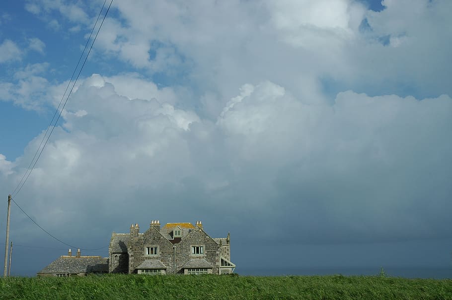 cornwall, england, sky, coast, house, clouds, united kingdom HD wallpaper