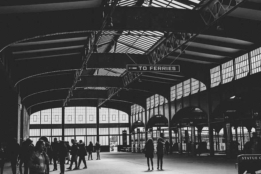 Train terminal, train station in gray scale photography, ferry HD wallpaper