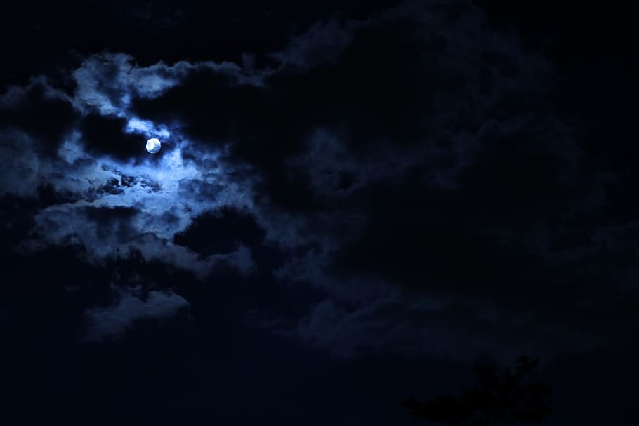 dark night under full moo, moon, sky, clouds, nature, outdoor, HD wallpaper