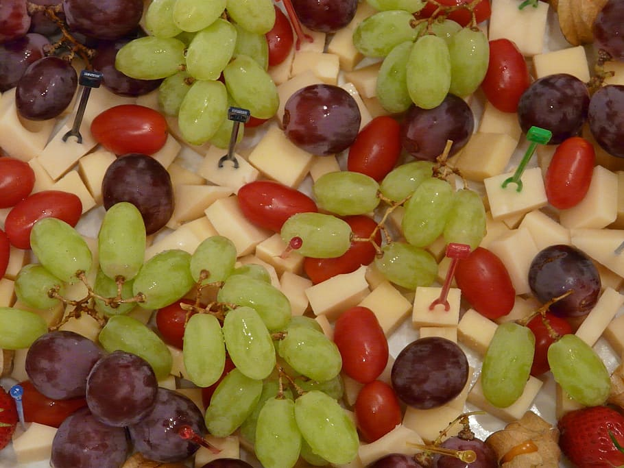 fruit, grapes, tomatoes, cheese, spit, food and drink, full frame HD wallpaper