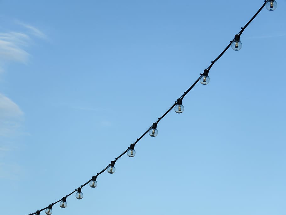 Lights, blue sky, bulb, Objects, barbed Wire, no People, hanging HD wallpaper