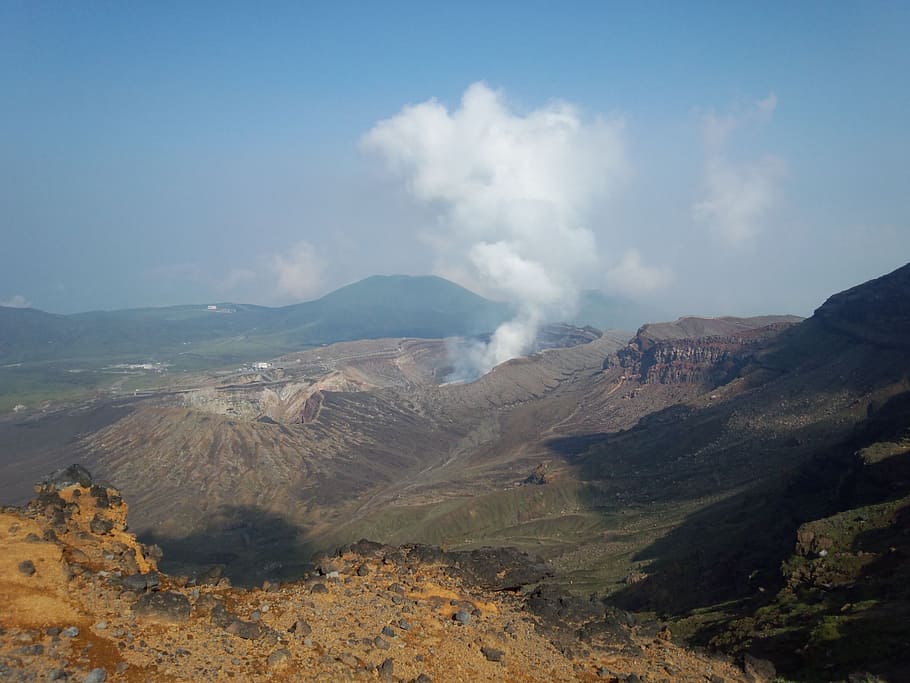 aso, volcano, plume, blue sky, japan, lava, summer, plateau, HD wallpaper