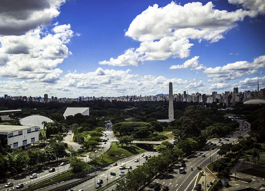 Parque Ibirapuera, São Paulo, Brazil, cars, cityscape, clouds, HD wallpaper