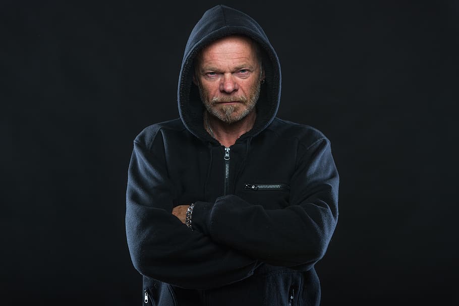man with black zip-up hoodie photo, angry, old, bart, one person