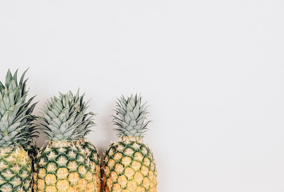 three pineapple fruits, dessert, appetizer, juice, crop, studio shot HD wallpaper