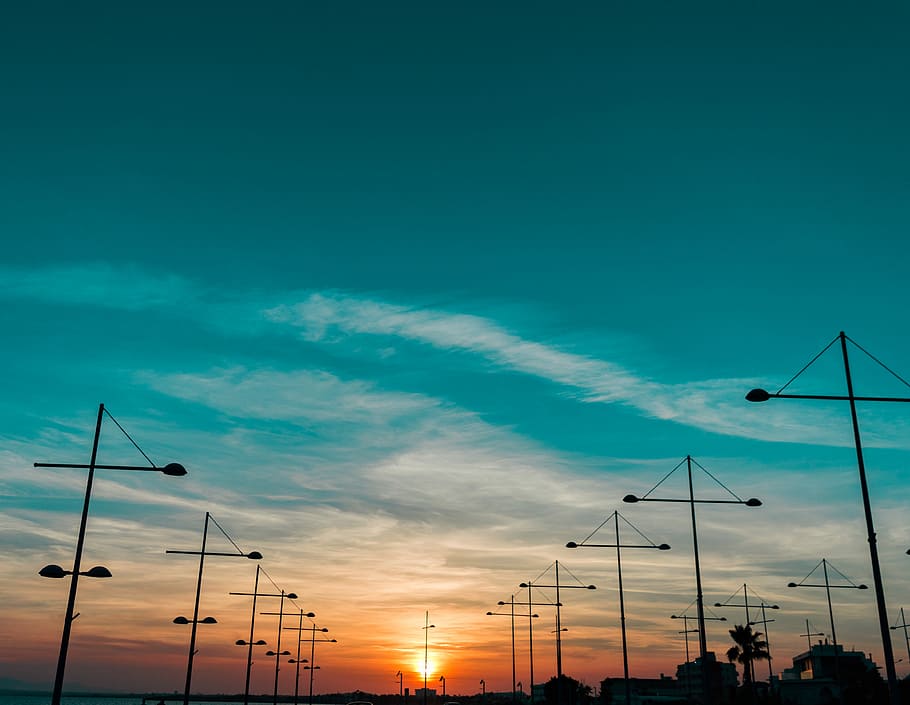 silhouette of post under cloudy sky, sunrise, sunset, street light HD wallpaper