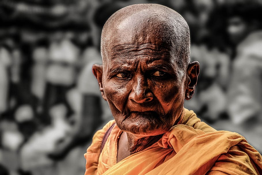 Monk in yellow robe, path, buddhist, old, religion, temple HD wallpaper