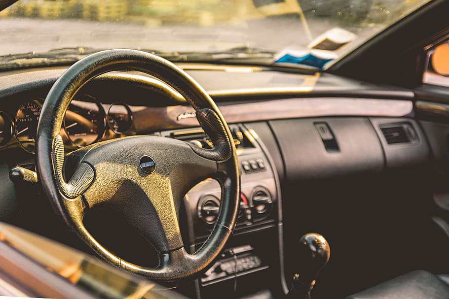 steering wheel, car, mirror, windshield, vehicle, transportation HD wallpaper