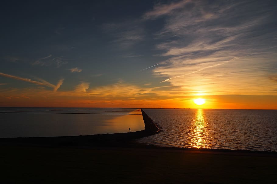 sunset, lore dam, nordfriesland, water, sky, sea, scenics - nature HD wallpaper