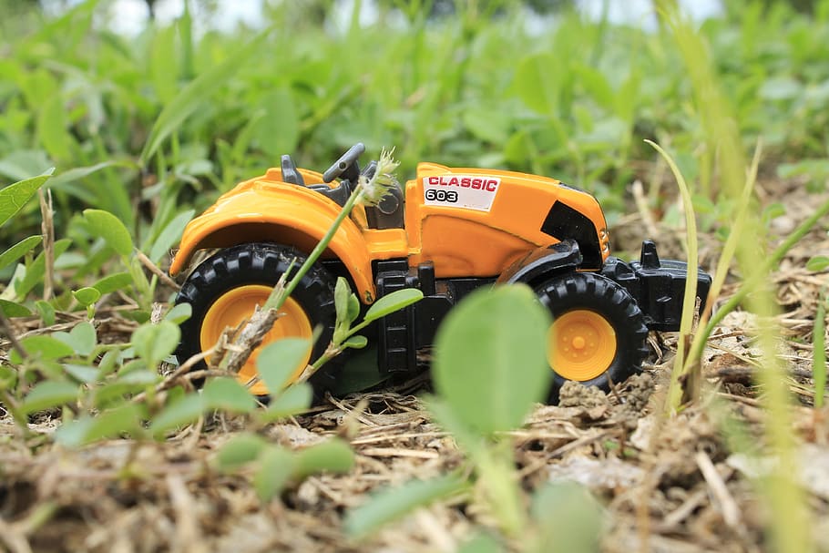 tractor, toy, construction, selective focus, field, land, green color HD wallpaper