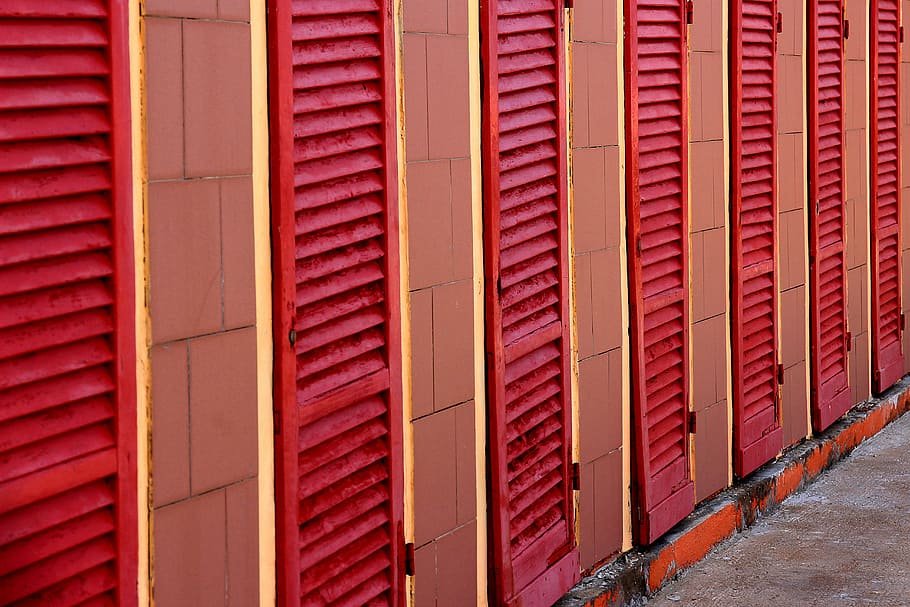 red, strandbad, cabins, shutters, changing rooms, lamellar HD wallpaper