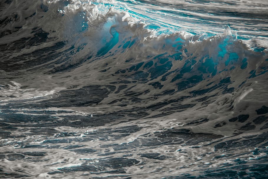blue waves, water, sea, ocean, surf, spray, foam, splash, power HD wallpaper