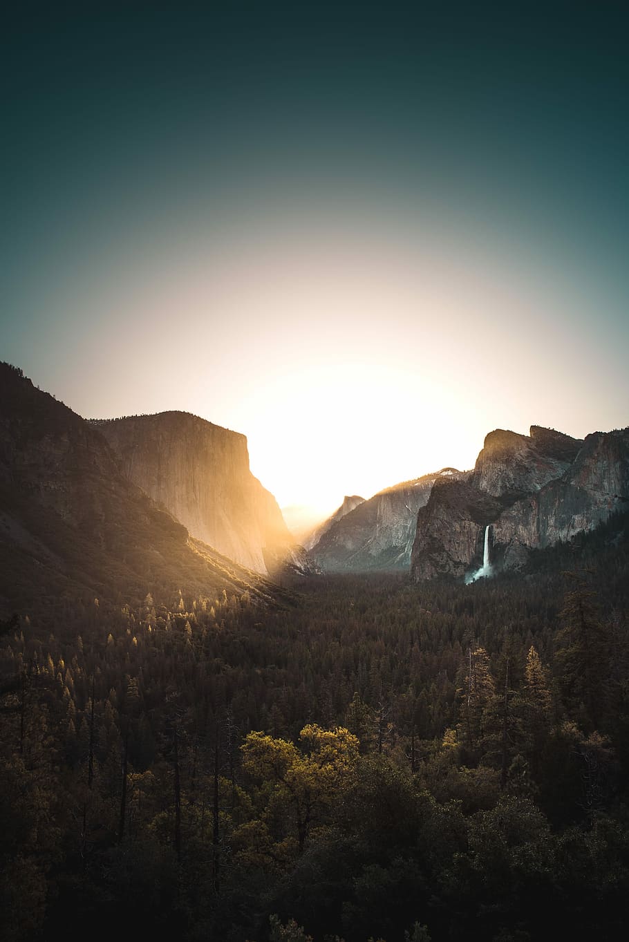 high angled photo of trees and mountain, landscape photography of mountain canyon with trees and waterfall HD wallpaper