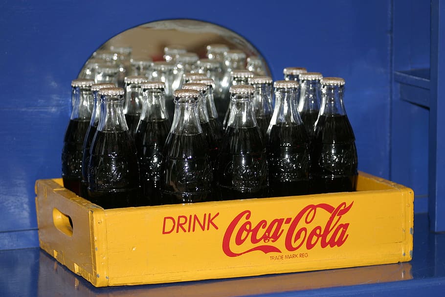 unopened glasses Coca-Cola bottles, coke, soda, sugar, beverage