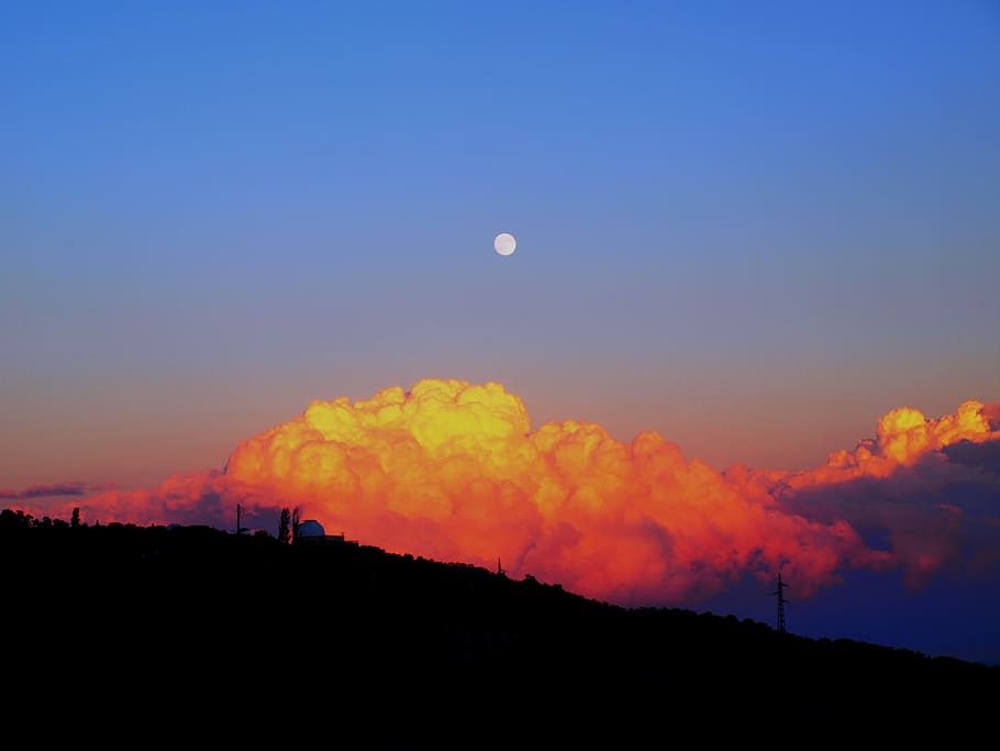 white clouds near mountain, untitled, sunset, moon, landscape HD wallpaper