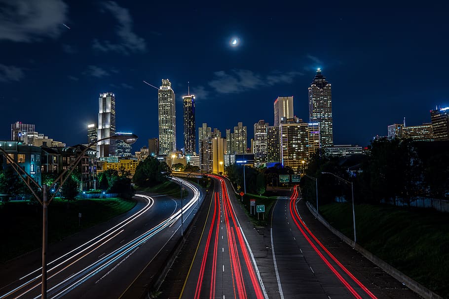 time lapse photography of cars heading towards city, night, cityscape
