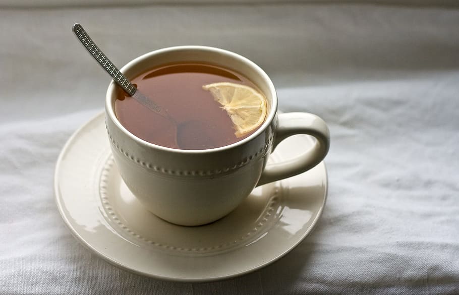 tea with lemon on white ceramic mug, cup, tableware, drink HD wallpaper