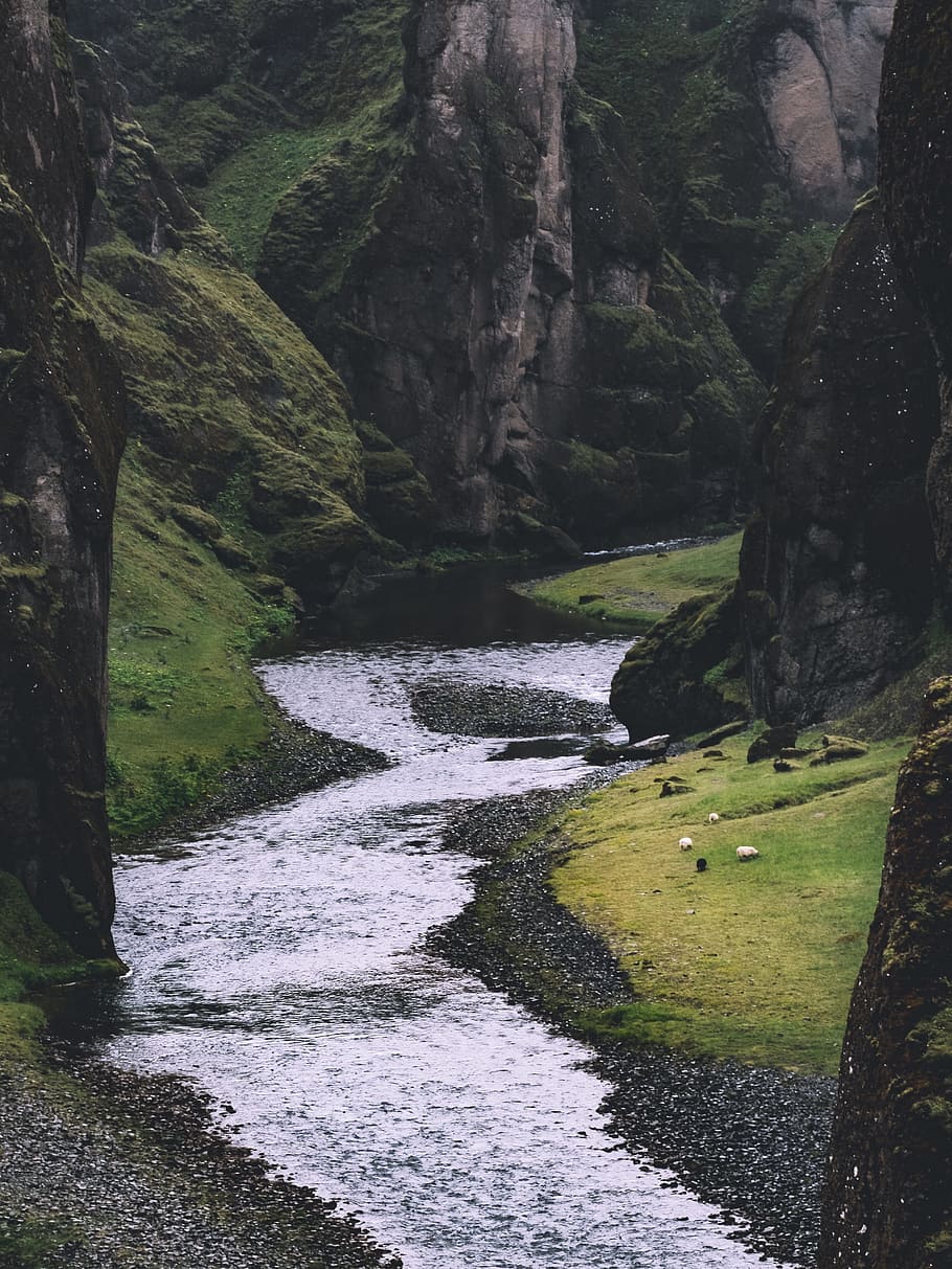 rocks, river, water, green, grass, moss, hill, landscape, nature HD wallpaper