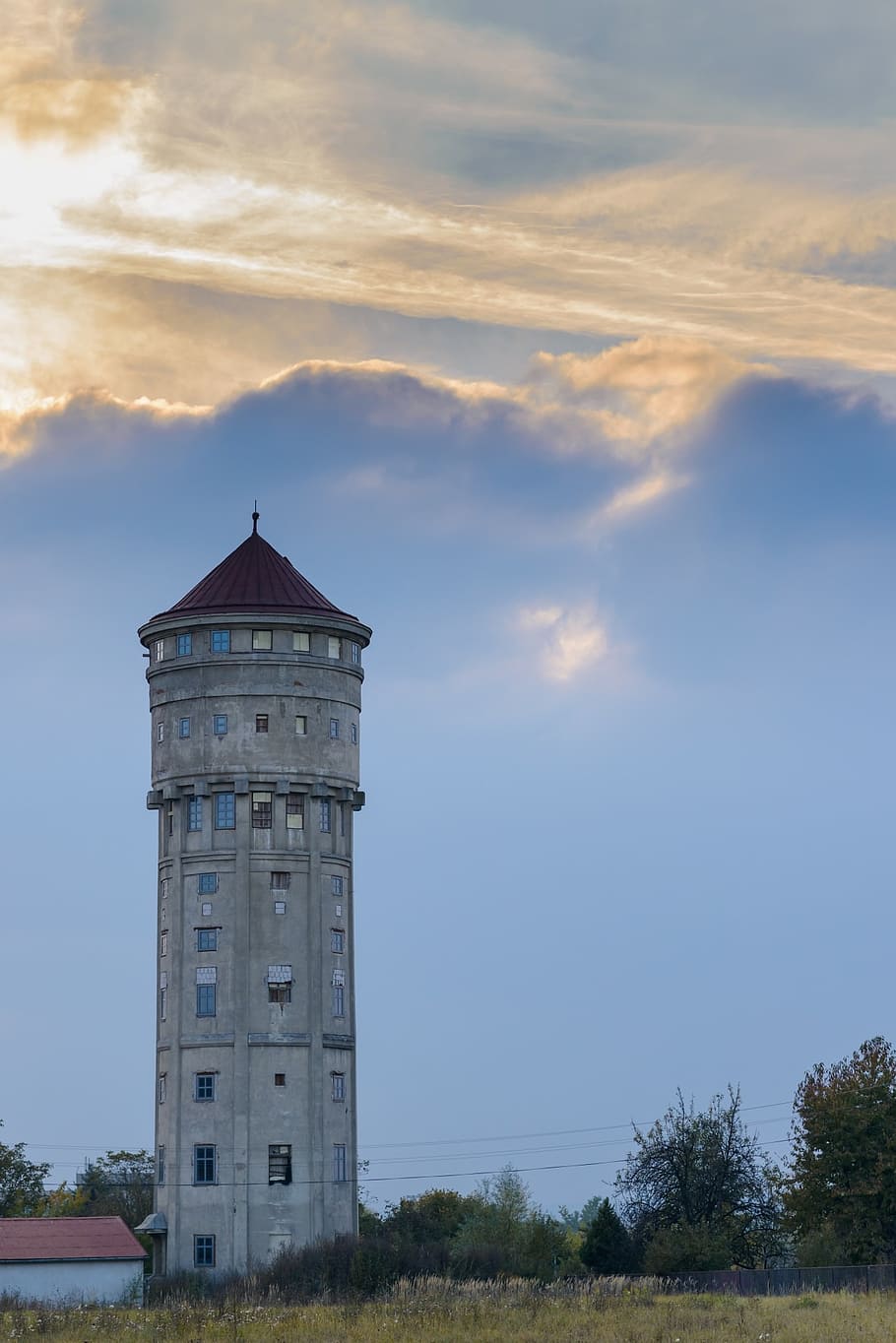 water tower, high, sky, clouds, sun, light, autumn, nature HD wallpaper