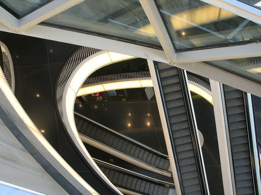 escalator, floors, entrance hall, department store, architecture, HD wallpaper