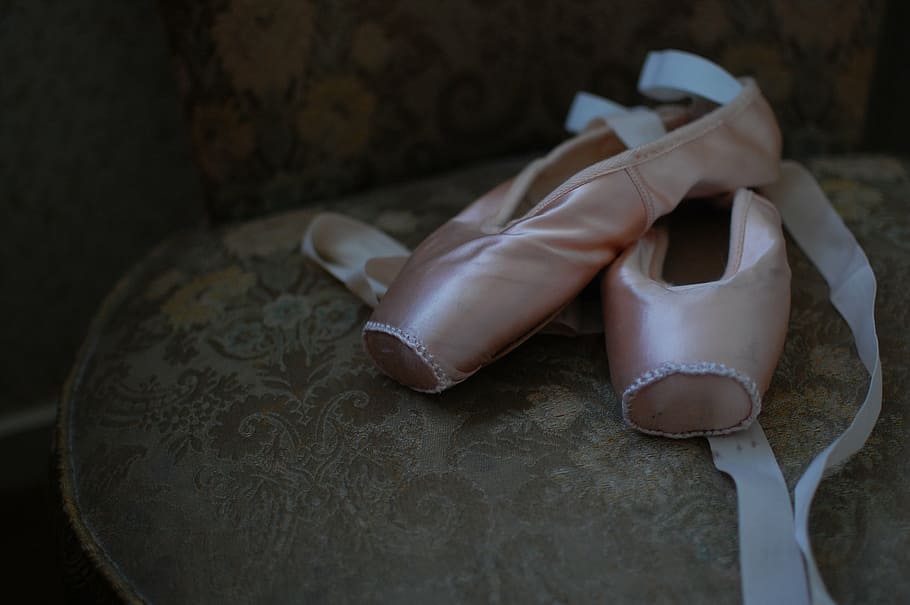 pair of pink pointe shoes, ballet shoes, dance, ballerina, satin
