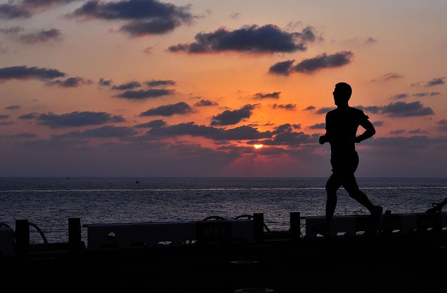 silhouette photo of man while running, runner, fitness, ship, HD wallpaper