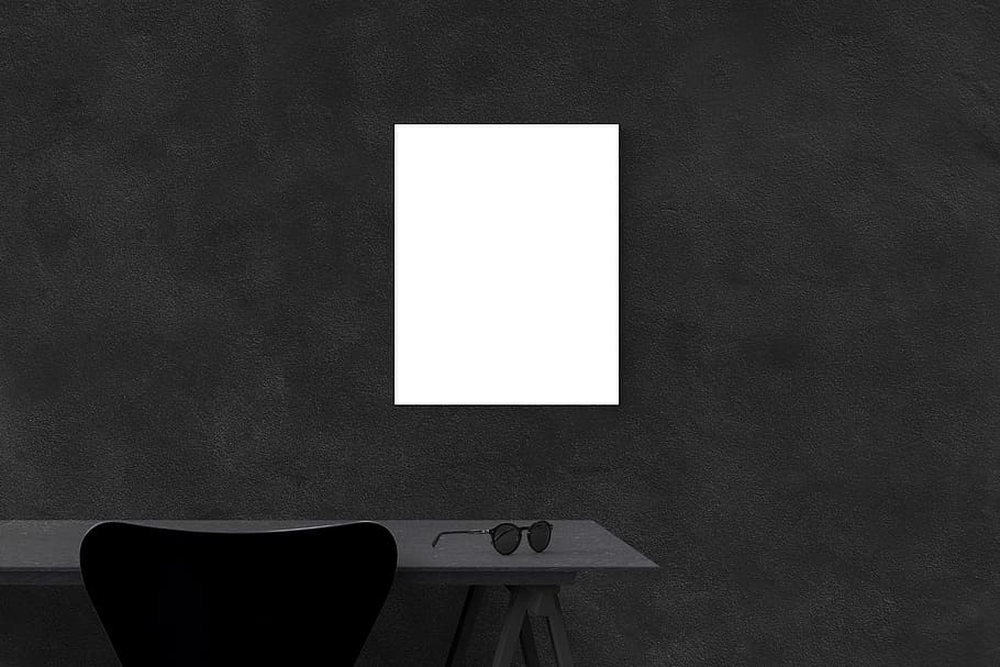sunglasses on brown table beside black chair, poster mockup HD wallpaper