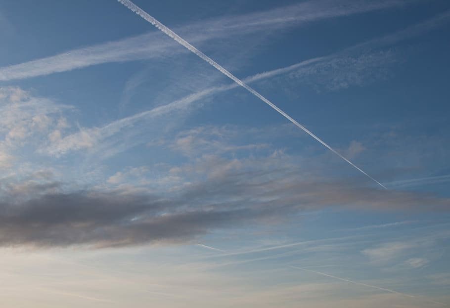 Clouds, Plane, sky, blue, blue sky clouds, horizon, weather HD wallpaper