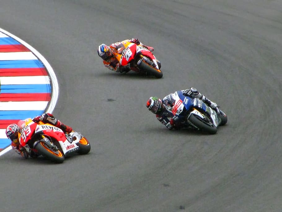 three moto GP racing, marc marquez, jorge lorenzo, dani pedrosa, HD wallpaper