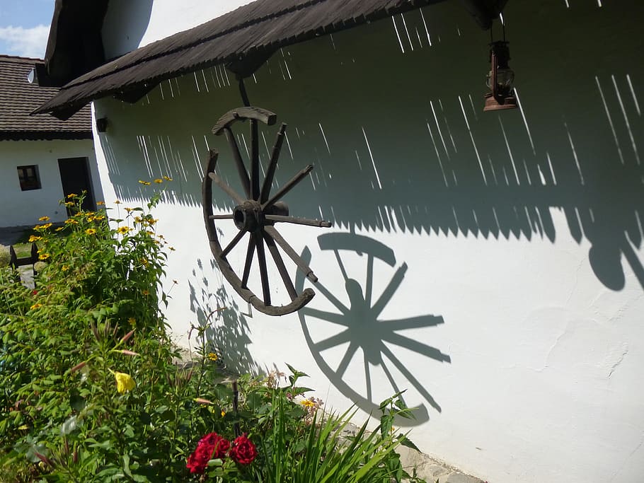shadow, old house, wheel, light and shadow, architecture, building exterior HD wallpaper