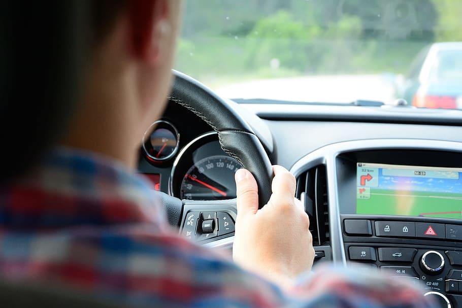 person holding on black steering wheel, driving, navigation HD wallpaper