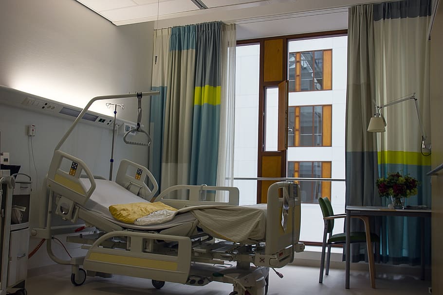 gray hospital bed near blue and gray window curtain inside room, HD wallpaper