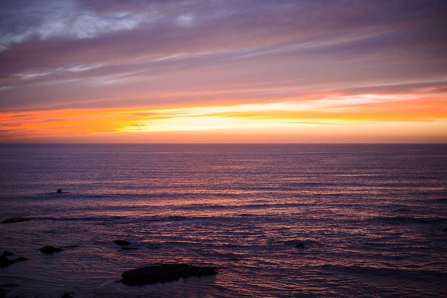 body of water during golden hour, sea, cumulus, nimbus, clouds HD wallpaper