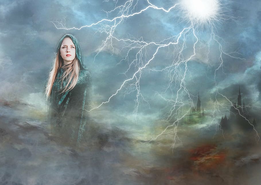 goddess, composite, lightening, one person, women, long hair HD wallpaper