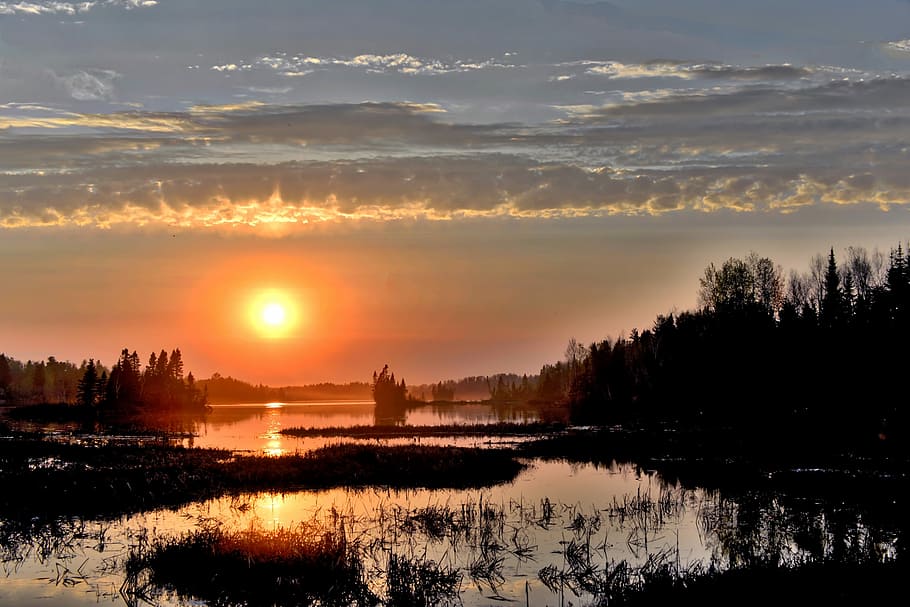 Sunset, Landscape, Clouds, Twilight, sky, colors, evening, lake HD wallpaper