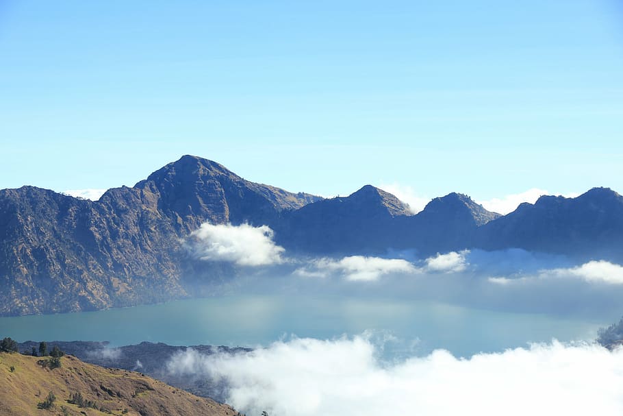 landscape photography of lake, mountain, mountain view, rinjani, HD wallpaper