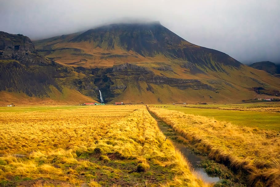 iceland, mountains, valley, fields, falls, waterfall, travel HD wallpaper