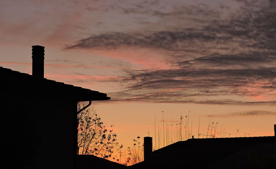sunset, house, clouds, sky, fireplace, silhouettes, twilight HD wallpaper
