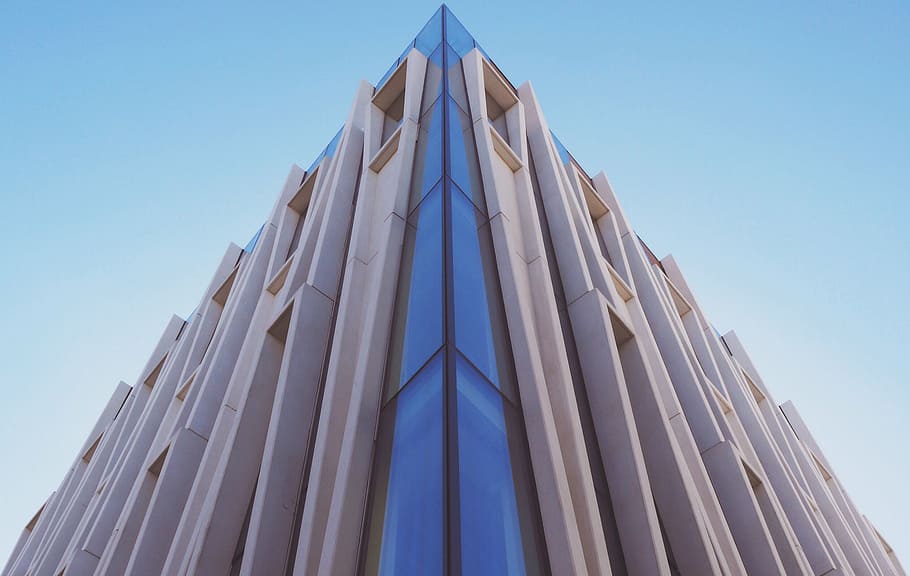worm's eye view of white and blue building, high, rise, architecture HD wallpaper