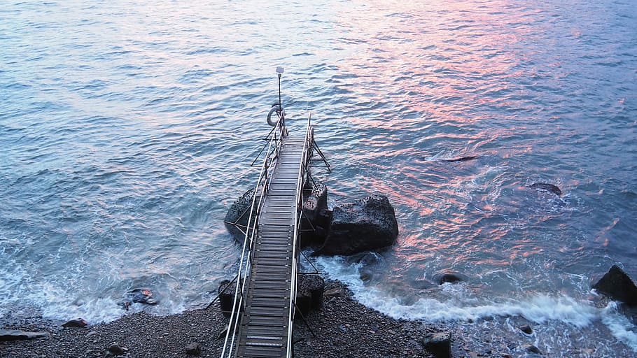 Swimming Shelter Sunset, aerial view of gray dock, sea, ocean HD wallpaper