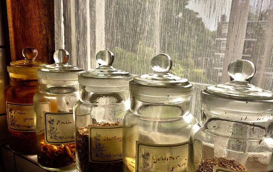five clear glass jars, bottle, container, kitchen, herb, spices HD wallpaper