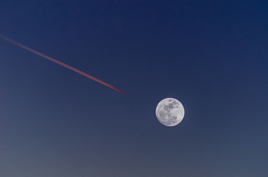 photo of moon, jet, near, blue, sky, spaceship, space exploration HD wallpaper