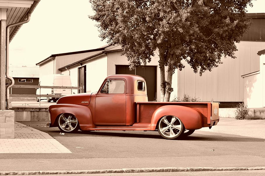 red pickup truck parked near trees, Chevrolet, Chevy, Pickup, Truck