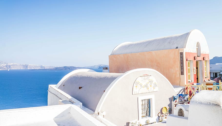 two white houses near sea at daytime, oia, santorini, greece, HD wallpaper