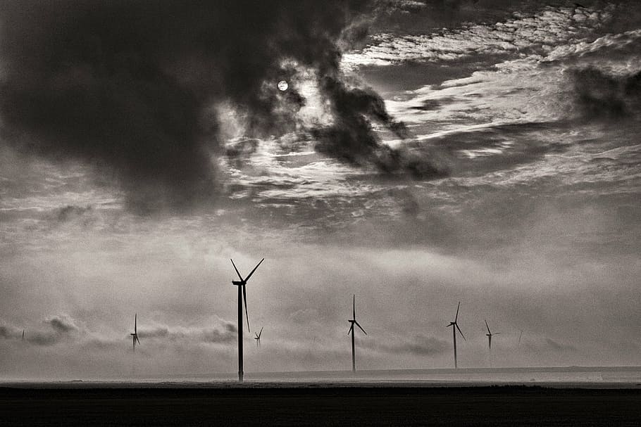 windmill, wilderness, cloud, black and white, stormy, environment HD wallpaper