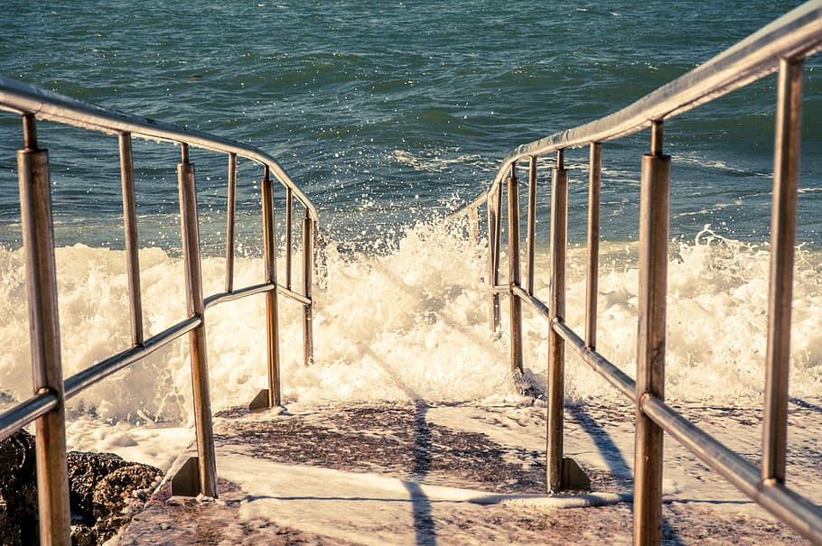 sea, wave, shores railing, water, coast, beach water, day, no people HD wallpaper