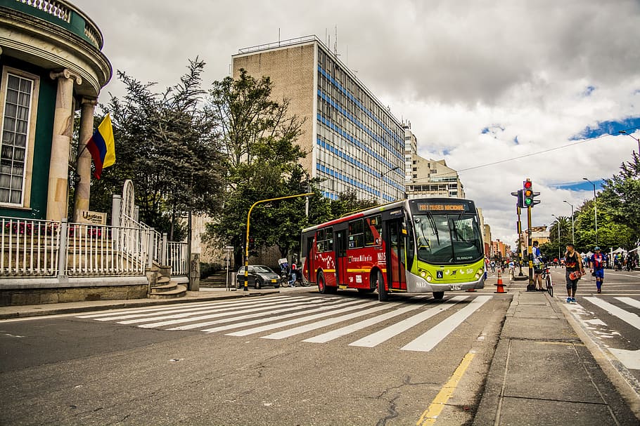 red bus during daytime, City, Bogota, Colombia, Street, Horizon, HD wallpaper