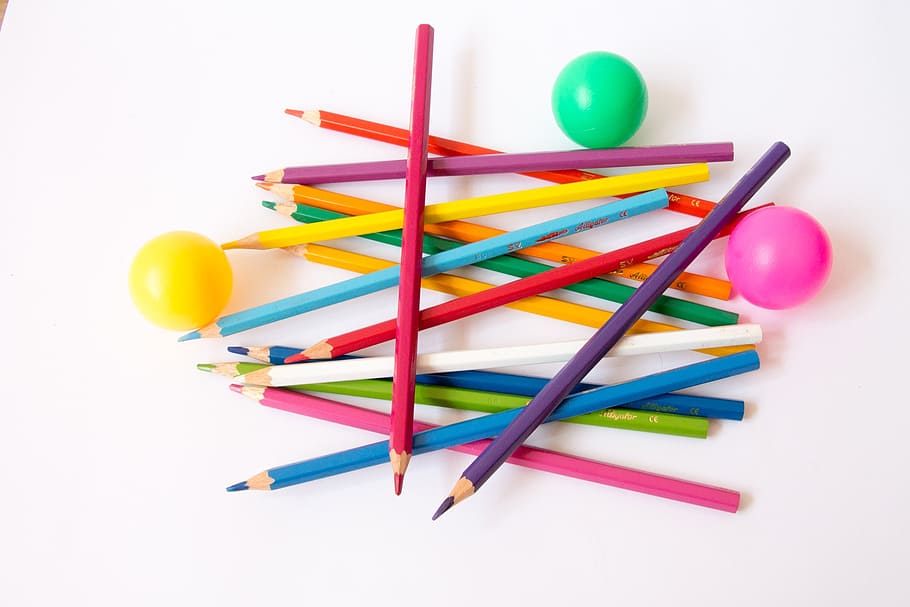 assorted coloring pencils, color balls, creative, colorful, decoration