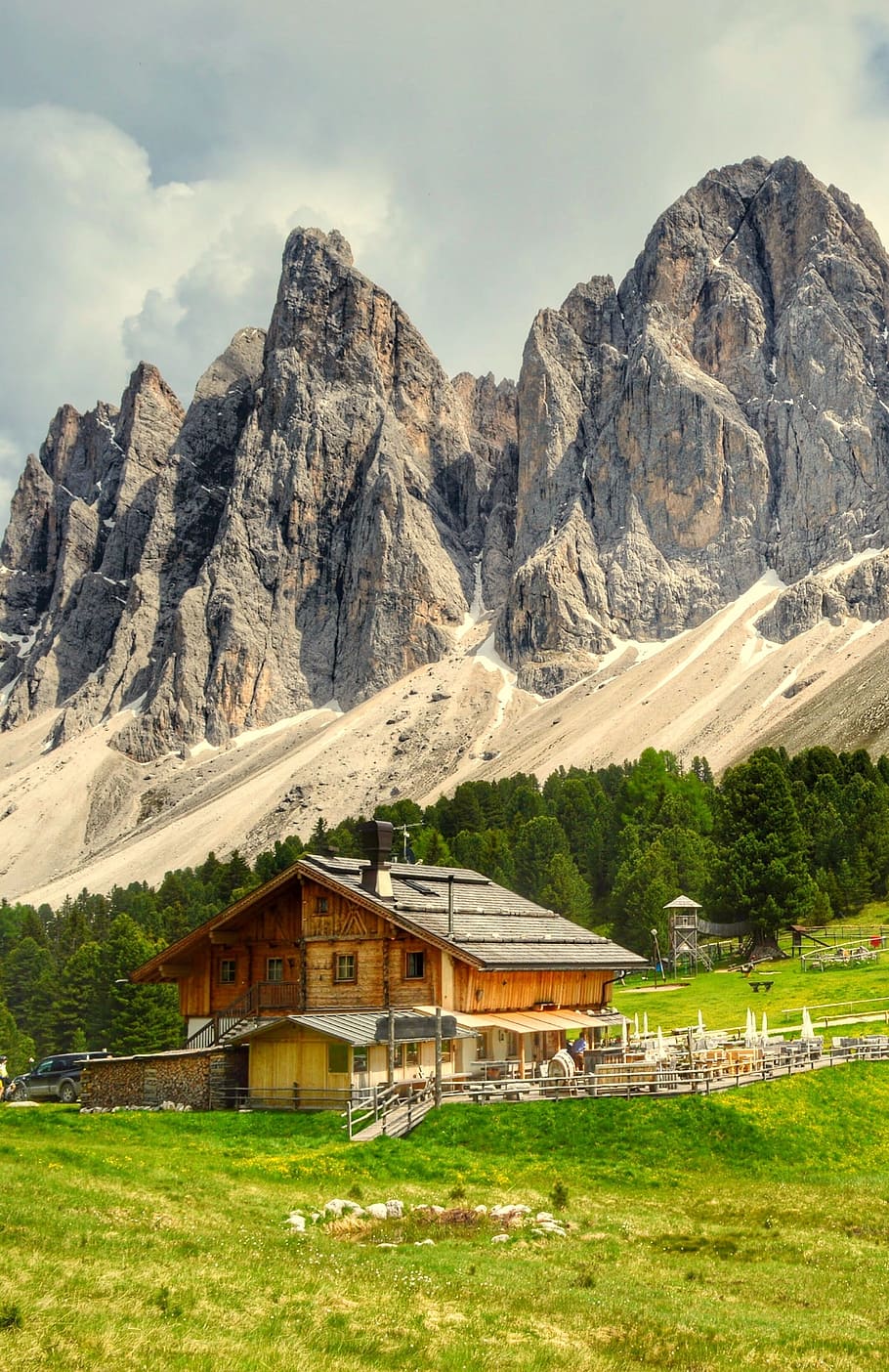 val di funes, dolomites, rifugio odle, mountain, built structure, HD wallpaper